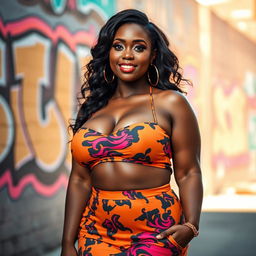 A confident black woman with a curvy figure, showcasing her beautiful curves in a stunning, vibrant outfit that highlights her assets