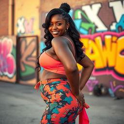 A confident black woman with a curvy figure, showcasing her beautiful curves in a stunning, vibrant outfit that highlights her assets