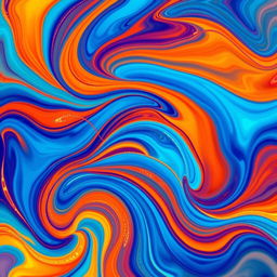 A vibrant and colorful abstract digital artwork featuring swirling patterns of deep blues, bright oranges, and hints of gold
