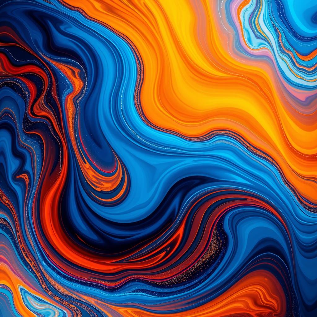 A vibrant and colorful abstract digital artwork featuring swirling patterns of deep blues, bright oranges, and hints of gold