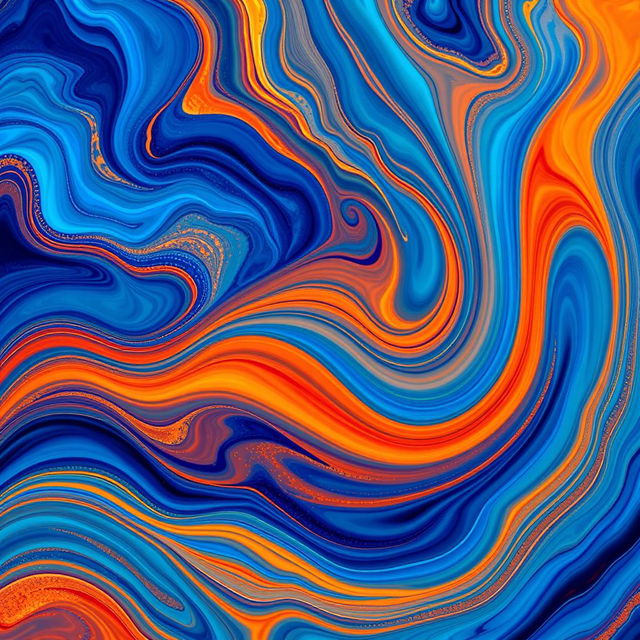 A vibrant and colorful abstract digital artwork featuring swirling patterns of deep blues, bright oranges, and hints of gold