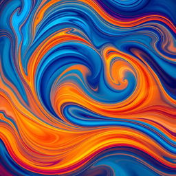 A vibrant and colorful abstract digital artwork featuring swirling patterns of deep blues, bright oranges, and hints of gold
