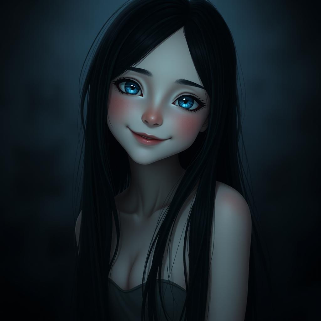 A slender girl with long black hair and bright blue eyes, smiling gently in a dark setting