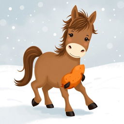 In a winter scene, a cute brown pony walks through a snowy landscape, holding a sweet potato in its front hooves