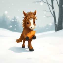 In a winter scene, a cute brown pony walks through a snowy landscape, holding a sweet potato in its front hooves