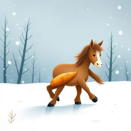 In a winter scene, a cute brown pony walks through a snowy landscape, holding a sweet potato in its front hooves