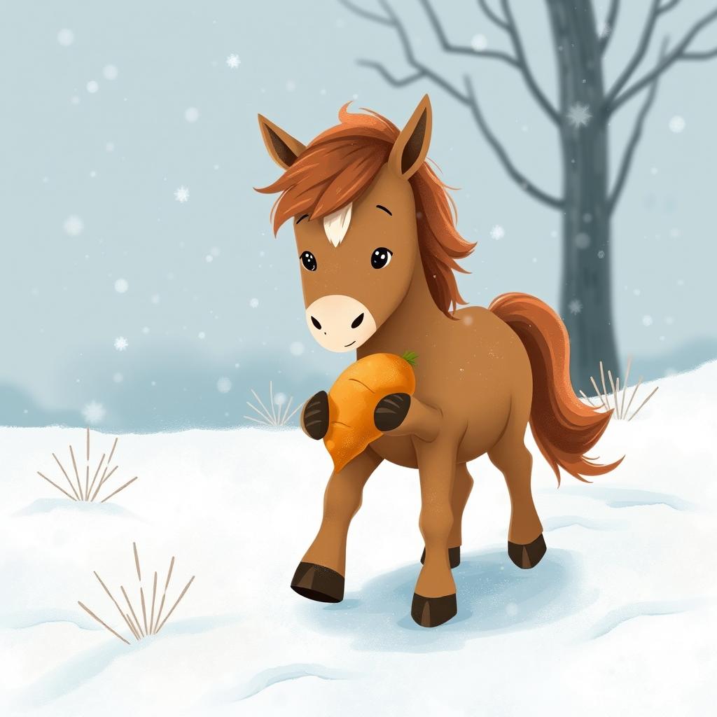 In a winter scene, a cute brown pony walks through a snowy landscape, holding a sweet potato in its front hooves