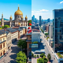 A stunning split-image of Kyiv, Ukraine, capturing the essence of both its old and new architecture