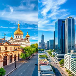 A stunning split-image of Kyiv, Ukraine, capturing the essence of both its old and new architecture