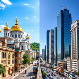 A stunning split-image of Kyiv, Ukraine, capturing the essence of both its old and new architecture