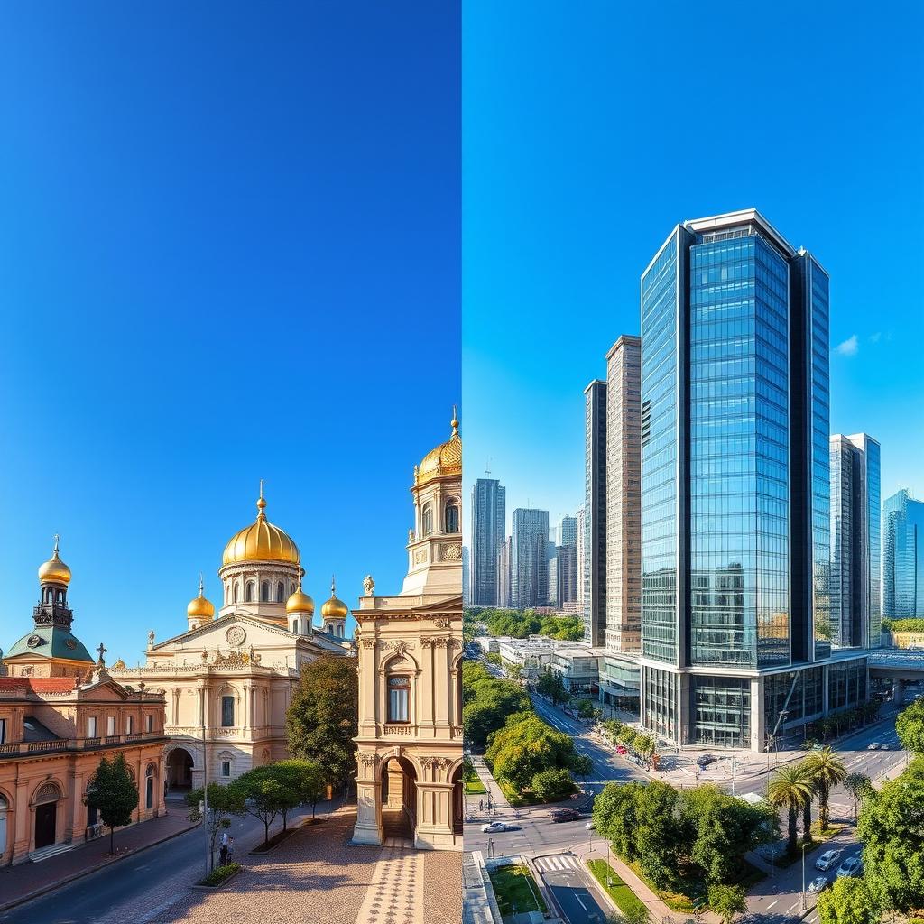 A stunning split-image of Kyiv, Ukraine, capturing the essence of both its old and new architecture
