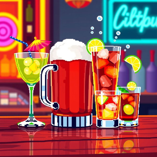 A vibrant and colorful pixel art representation of various alcoholic drinks arranged on a bar counter