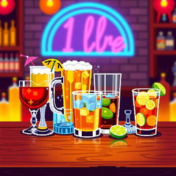 A vibrant and colorful pixel art representation of various alcoholic drinks arranged on a bar counter