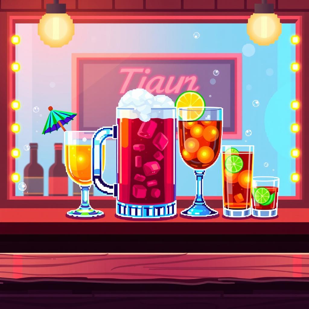 A vibrant and colorful pixel art representation of various alcoholic drinks arranged on a bar counter
