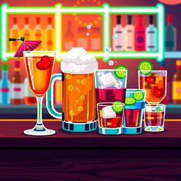 A vibrant and colorful pixel art representation of various alcoholic drinks arranged on a bar counter