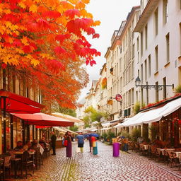 A bustling European street packed with busy cafes and boutiques. Colorful umbrellas adorn quaint outdoor seating areas, and cobblestone streets sparkle after a summer shower. Turning leaves hint at the coming fall.