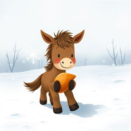 In a winter scene, a cute brown pony walks through a snowy landscape, holding a sweet potato in its front hooves