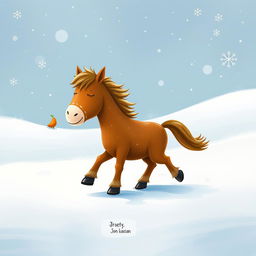 In a winter scene, a cute brown pony walks through a snowy landscape, holding a sweet potato in its front hooves