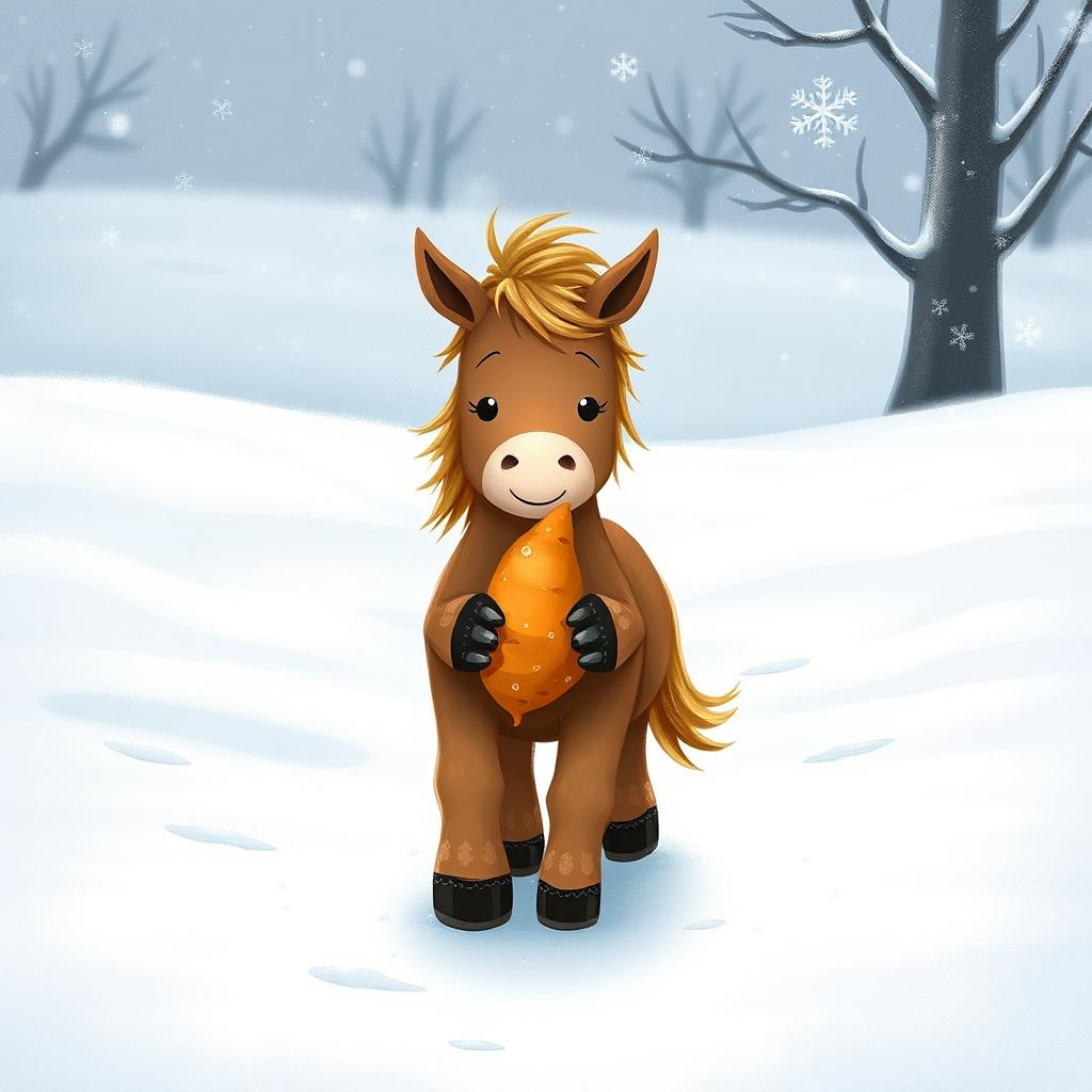 In a winter scene, a cute brown pony walks through a snowy landscape, holding a sweet potato in its front hooves