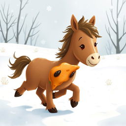 In a winter scene, a cute brown pony walks through a snowy landscape, holding a sweet potato in its front hooves