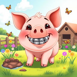 A cute cartoon pig with shiny metal braces on its teeth, set in a vibrant farm environment with green grass, colorful flowers, and a bright blue sky