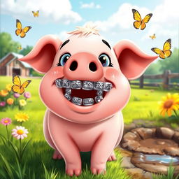 A cute cartoon pig with shiny metal braces on its teeth, set in a vibrant farm environment with green grass, colorful flowers, and a bright blue sky