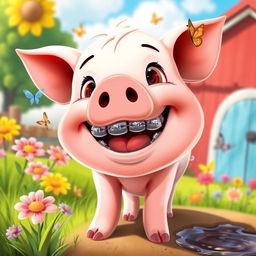 A cute cartoon pig with shiny metal braces on its teeth, set in a vibrant farm environment with green grass, colorful flowers, and a bright blue sky