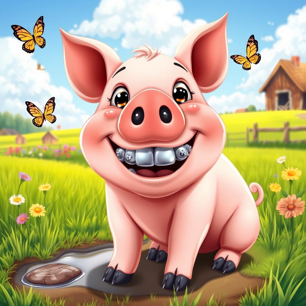 A cute cartoon pig with shiny metal braces on its teeth, set in a vibrant farm environment with green grass, colorful flowers, and a bright blue sky