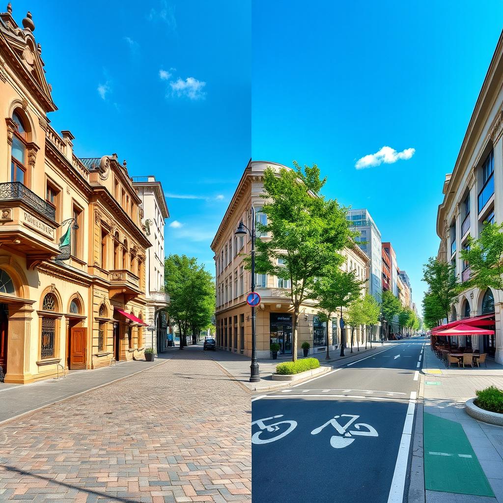A visually striking image of a street in Kyiv that seamlessly transitions from old to new
