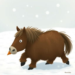 In a serene winter landscape, a completely brown pony walks through the snow, holding a sweet potato in its front hooves