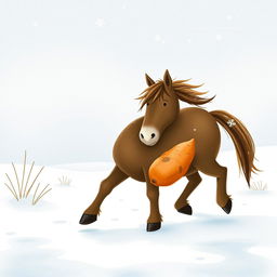 In a serene winter landscape, a completely brown pony walks through the snow, holding a sweet potato in its front hooves