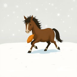 In a serene winter landscape, a completely brown pony walks through the snow, holding a sweet potato in its front hooves