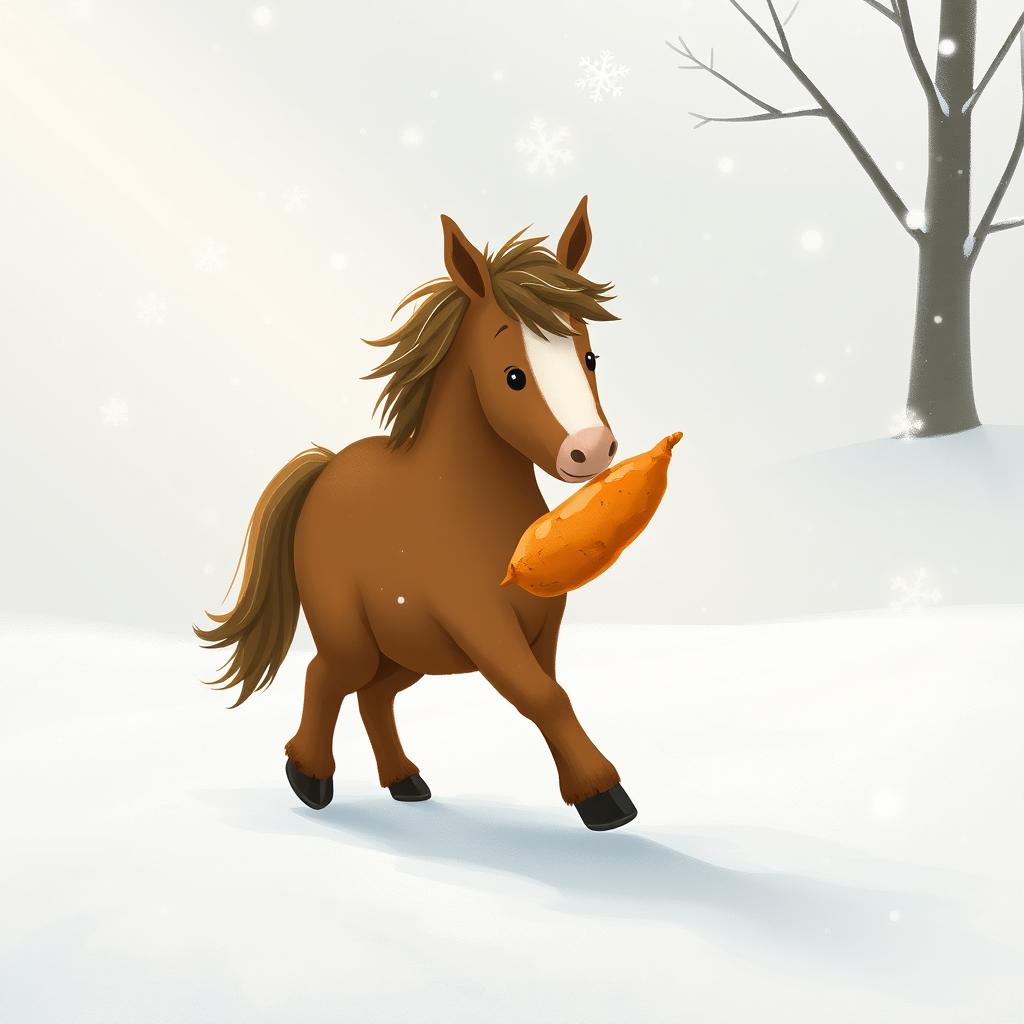 In a serene winter landscape, a completely brown pony walks through the snow, holding a sweet potato in its front hooves