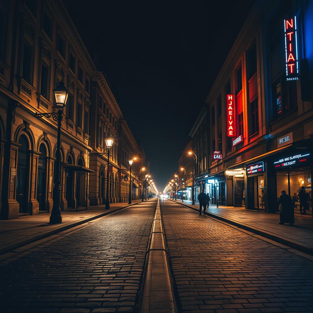 A captivating image of a dark street in Kyiv that transitions from old to new