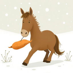In a winter wonderland, a completely brown pony strolls through a snow-covered landscape, holding a sweet potato in its front hooves