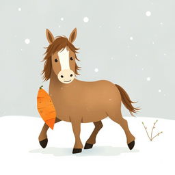 In a winter wonderland, a completely brown pony strolls through a snow-covered landscape, holding a sweet potato in its front hooves