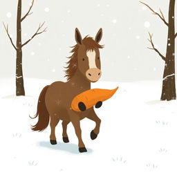 In a winter wonderland, a completely brown pony strolls through a snow-covered landscape, holding a sweet potato in its front hooves