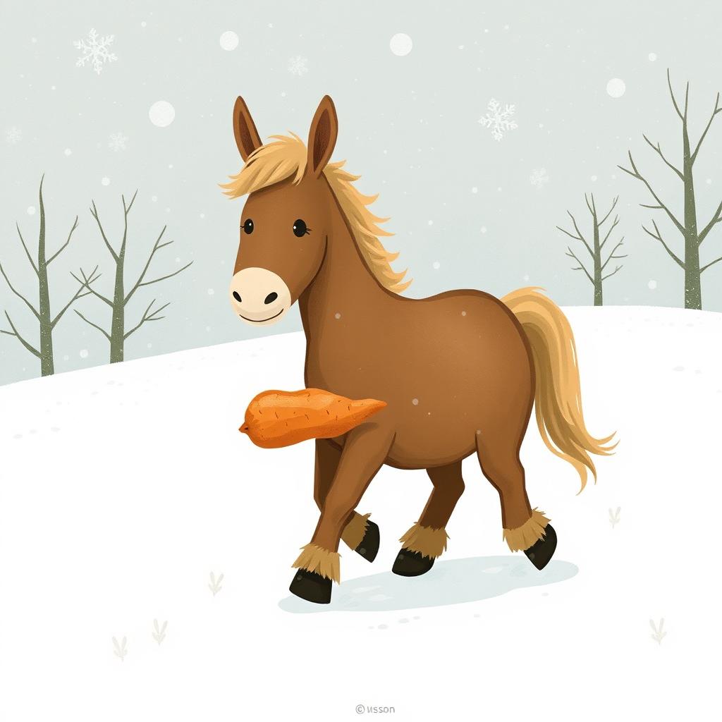 In a winter wonderland, a completely brown pony strolls through a snow-covered landscape, holding a sweet potato in its front hooves