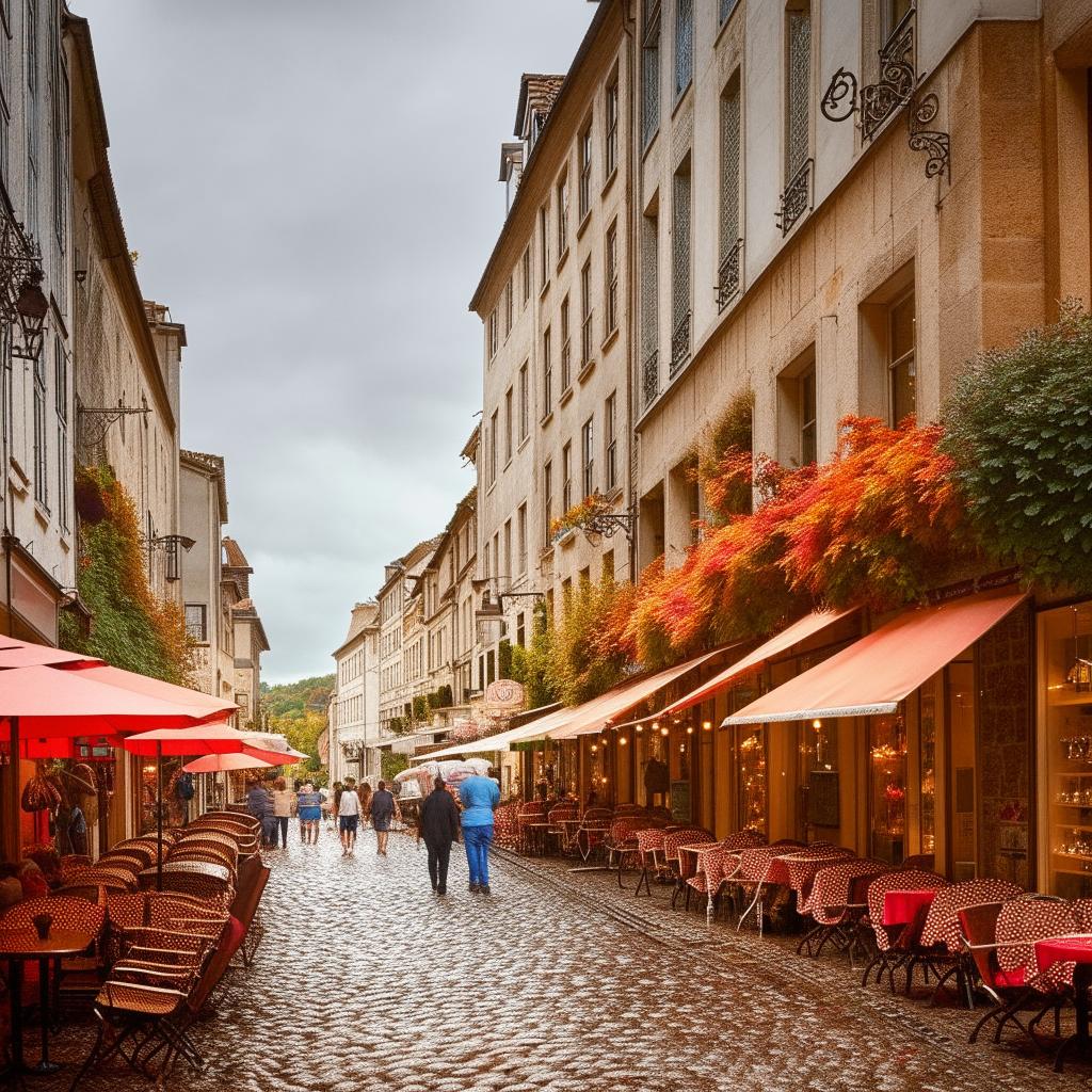 A bustling European street packed with busy cafes and boutiques. Colorful umbrellas adorn quaint outdoor seating areas, and cobblestone streets sparkle after a summer shower. Turning leaves hint at the coming fall.