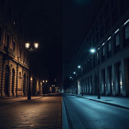 A moody and atmospheric image of a dark street in Kyiv that transitions from old to new