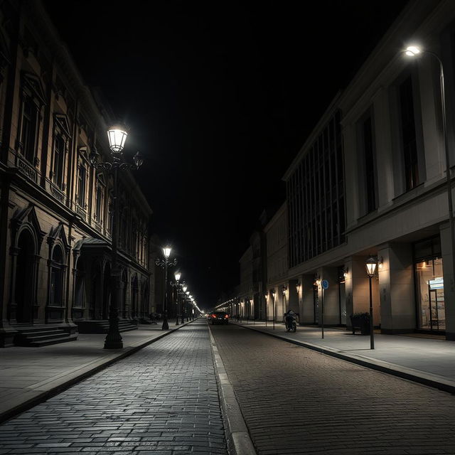 A moody and atmospheric image of a dark street in Kyiv that transitions from old to new