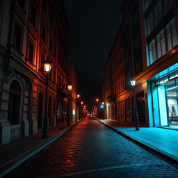 A moody and atmospheric image of a dark street in Kyiv that transitions from old to new