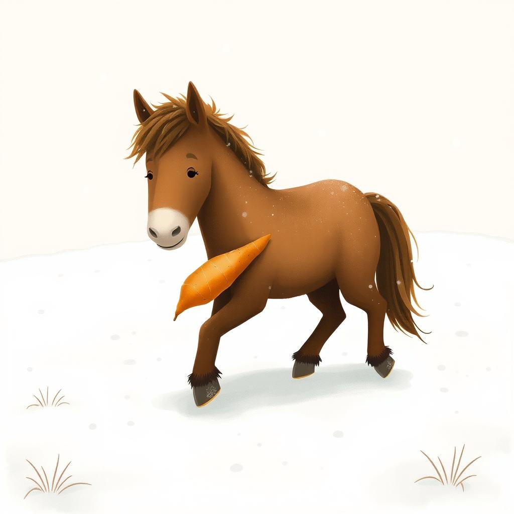 In a cozy winter scene, a fully brown pony strolls through a snowy landscape, clutching a sweet potato in its front hooves