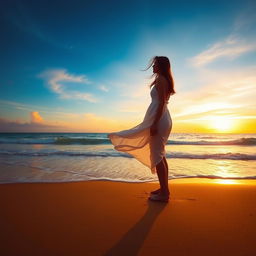 A solitary woman standing on a beautiful beach at sunset, her silhouette outlined against the colorful sky
