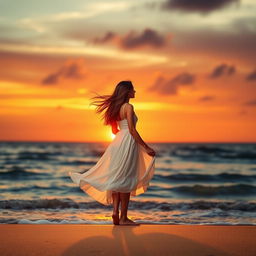 A solitary woman standing on a beautiful beach at sunset, her silhouette outlined against the colorful sky