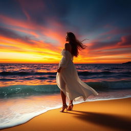 A solitary woman standing on a beautiful beach at sunset, her silhouette outlined against the colorful sky