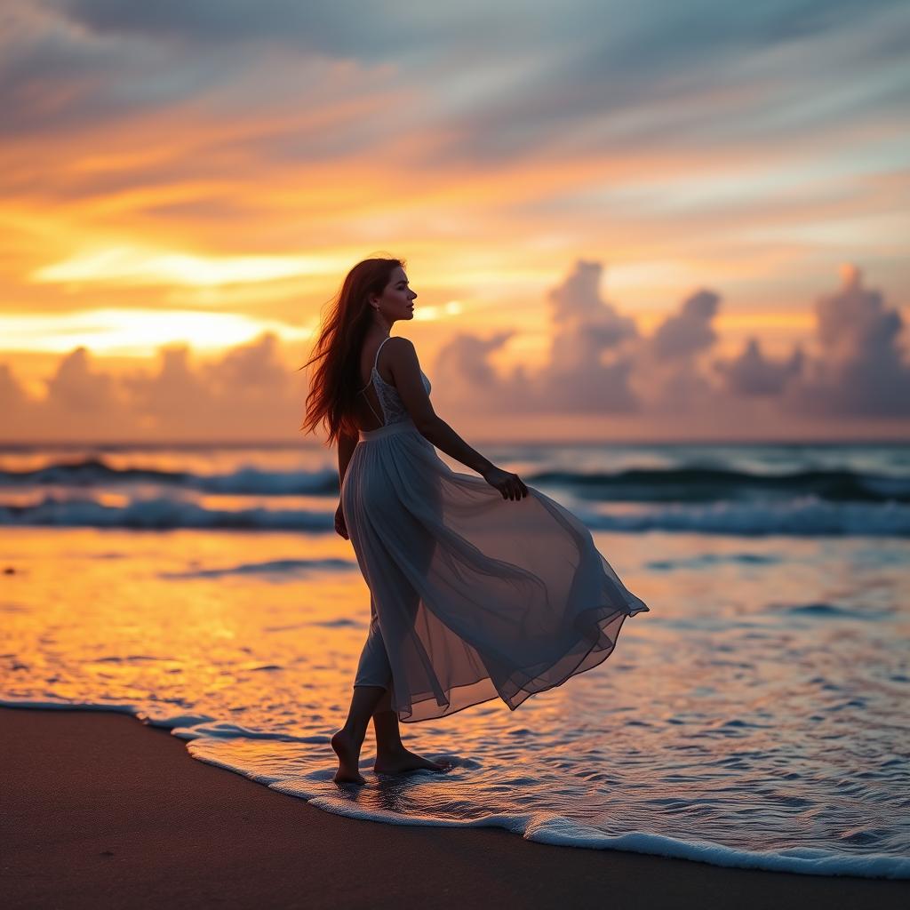 A solitary woman standing on a beautiful beach at sunset, her silhouette outlined against the colorful sky