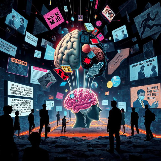 A conceptual illustration of cognitive warfare, featuring a surreal landscape filled with fragmented and distorted images symbolizing misinformation and psychological manipulation