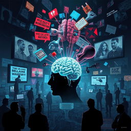 A conceptual illustration of cognitive warfare, featuring a surreal landscape filled with fragmented and distorted images symbolizing misinformation and psychological manipulation