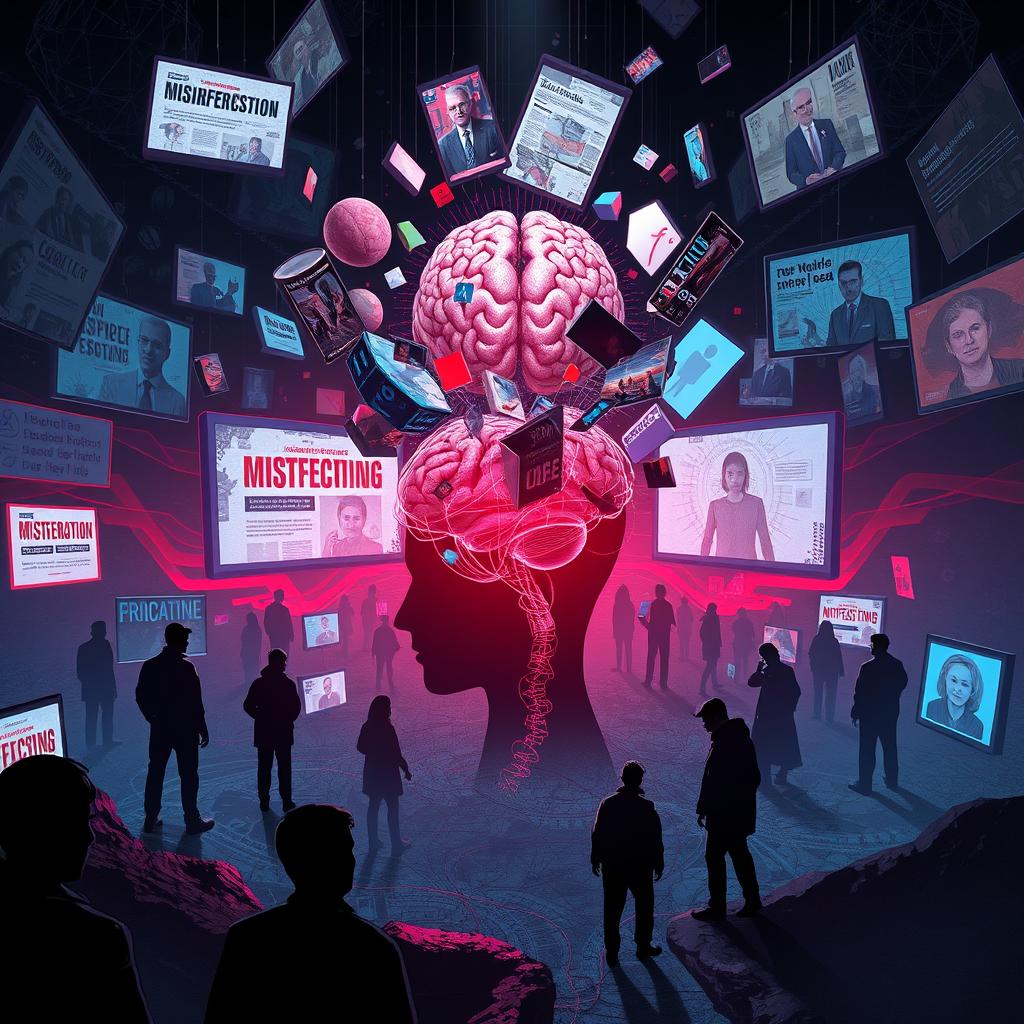 A conceptual illustration of cognitive warfare, featuring a surreal landscape filled with fragmented and distorted images symbolizing misinformation and psychological manipulation